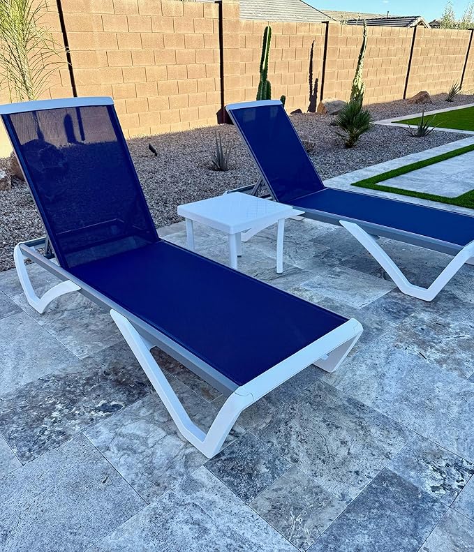 PURPLE LEAF Patio Chaise Lounge Chair Set of 3 Outside Aluminum Plastic Stackable Tanning Chairs for Pool Sunbathing Beach Deck Outdoor Lounger, Navy Blue