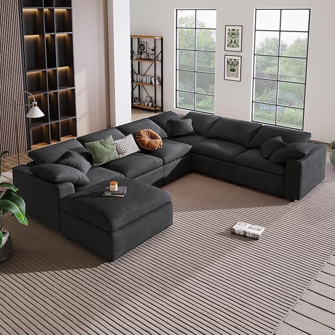 KIVENJAJA 130.3" W Oversized Modular Sectional Cloud Sofa Couch, Large Living Room Furniture Set, 7 Seater Convertible with Ottoman for Large Spaces, Chenille Fabric, Modern Style, Dark Grey