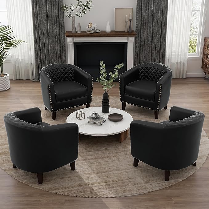 UIXE Faux Leather Barrel Accent Chairs Set of 4, Modern Club Upholstered Arm Chair, Comfy Armchair Nailed Trim Living Room Single Sofa Reading Seat Bedroom Side Sitting for Office, Black