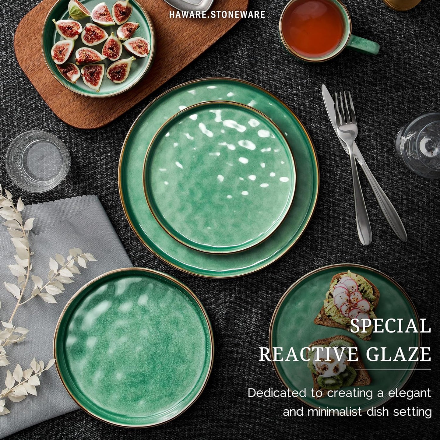 HaWare Dinnerware Sets, 6-Piece Plates and Bowls Set, Stoneware Dish Set for 2, Ceramic Dinnerware for Home Restaurant, Chip and Scratch Resistant, Microwave and Dishwasher Safe, Reactive Green