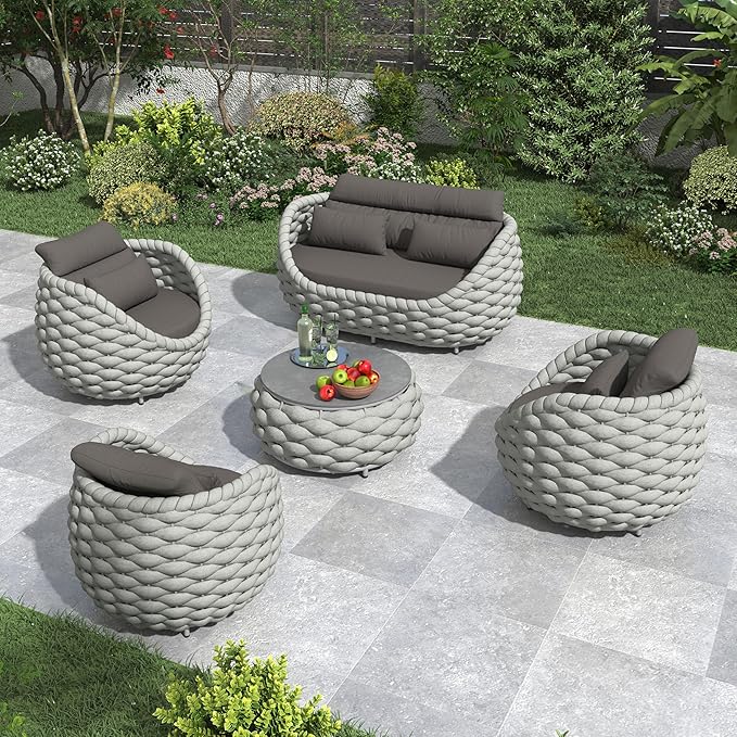 Erotr Aluminum Outdoor Seating Set: 5 Pieces Woven Rope Patio Furniture Conversation Set - Modern Deck Loveseat Set Cushioned - Assembled Metal Porch Lounge Set for Yard Garden Lanai Hotel Resort Pool