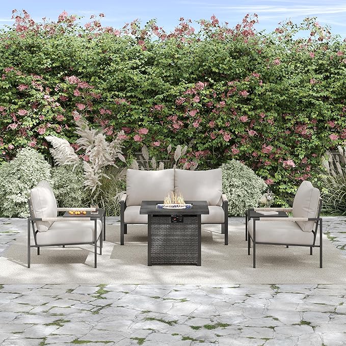 PATIOCHIC 6 Pieces Rattan Outdoor Furniture Set, All-Weather Patio Conversation Set with Warm Grey Cushions, Coffee Table and 28" Fire Pit Table for Garden, Backyard, Balcony, Poolside
