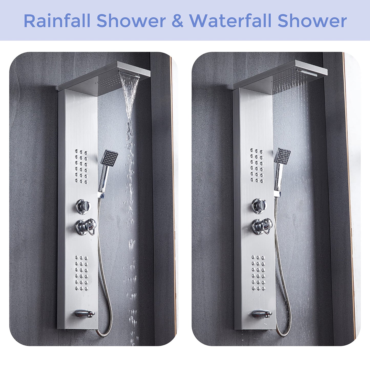 Delavin Stainless Steel Shower Panel Tower System, Wall-Mount Complete Shower Panel with Rainfall Waterfall Shower Head, Massage Body Jets, Tub Spout, Handheld Shower, Brushed Nickel
