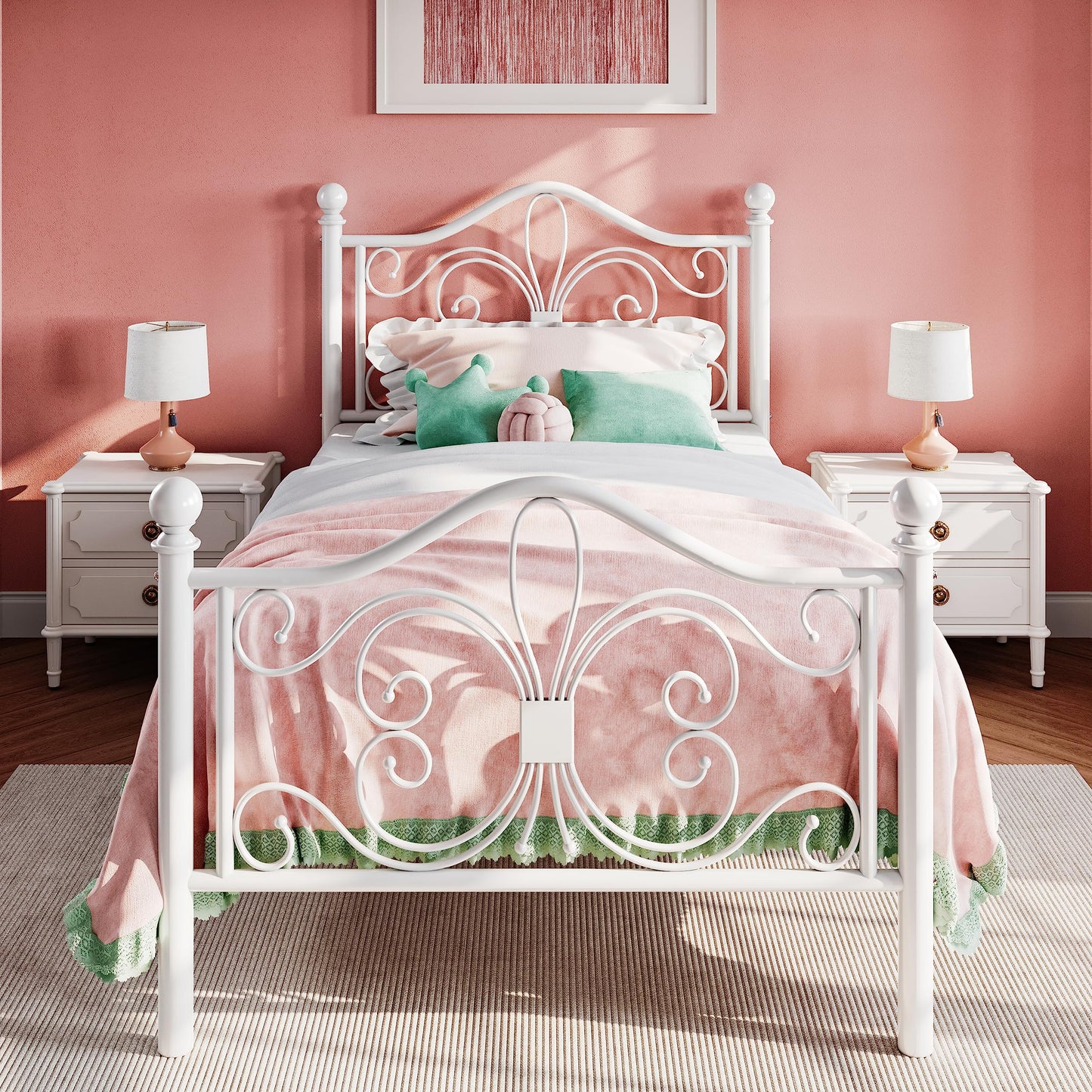 SHA CERLIN Twin Size Bed Frame for Kids,Metal Bed Frame with Butterfly Pattern Design Headboard & Footboard,No Box Spring Needed,Easy Assembly,White