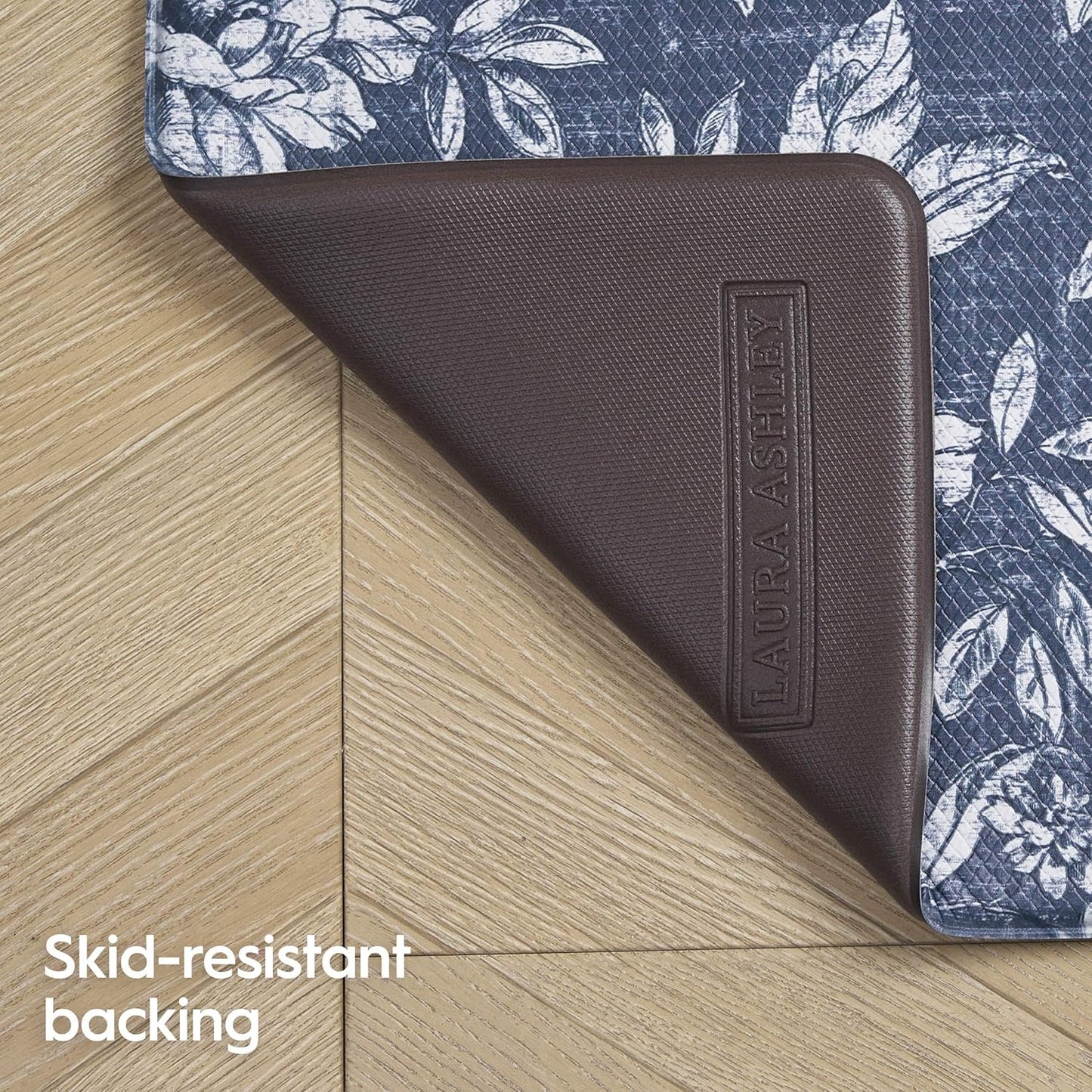 Laura Ashley - Anti-Fatigue Kitchen Mat, Iris Floral Design, Stain, Water & Fade Resistant, Cooking & Standing Relief, Non-Slip Backing, Measures 17.5" x 32", Navy Iris
