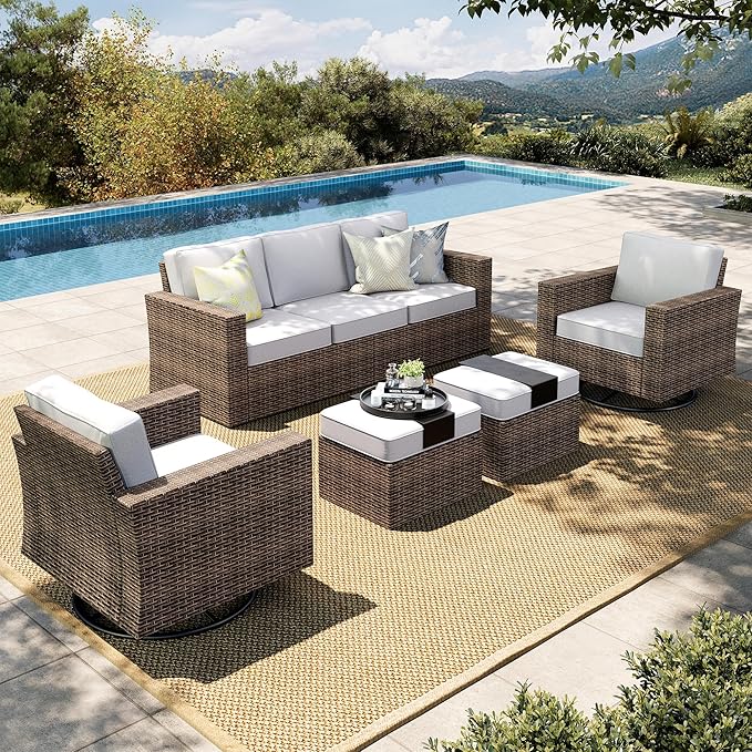 HERA'S HOUSE Patio Furniture Conversation Set, Outdoor Swivel Glide Wicker Chairs with 4.92" Widened Armrest, 5 Pieces Deep Seating Yellow Rattan Sofa with 5.5" Gray Cushions for Deck Garden Yard