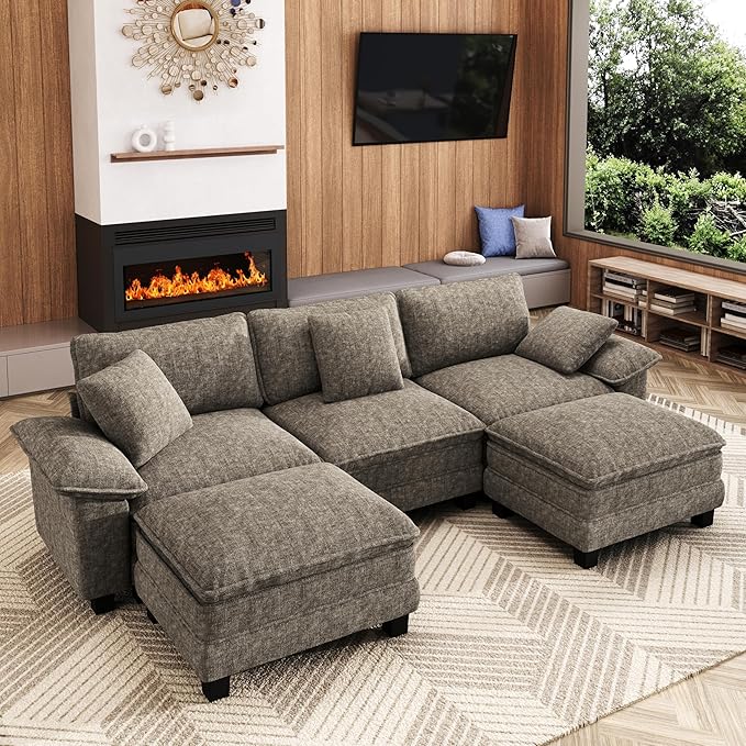 MIXPATIO 123-Inch U Shaped Sectional Sofa with Cloud Cushions, Deep Seat Modular Couch Set w/ 5 Seats & 2 Ottomans, Removable Arms, Plush Chenille Upholstery for Living Room, Apartment - Smoky Gray