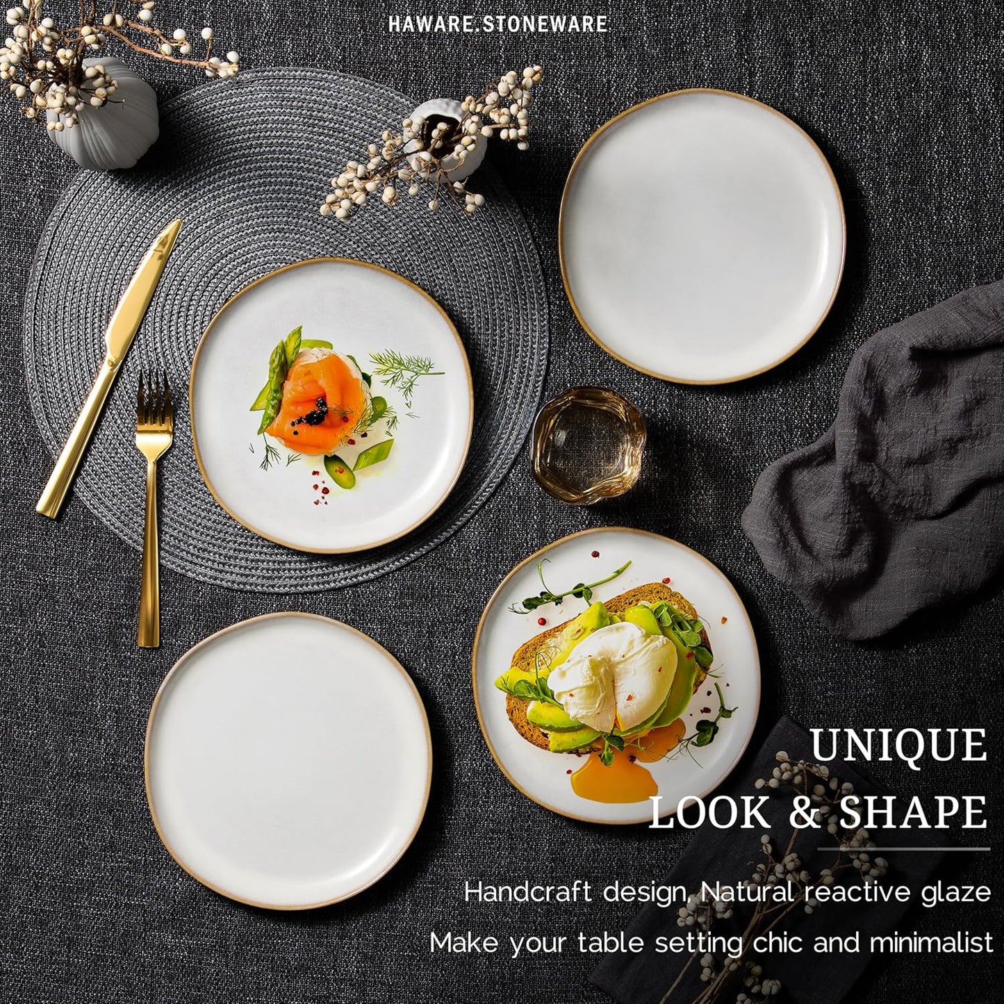 HaWare Stoneware Salad Plates Set of 6, 7.9” Heavy Duty Ceramic Plates, Reactive Glaze Dinnerware for Home Restaurant, Chip and Scratch Resistant, Microwave and Dishwasher Safe, Reactive Pearl White