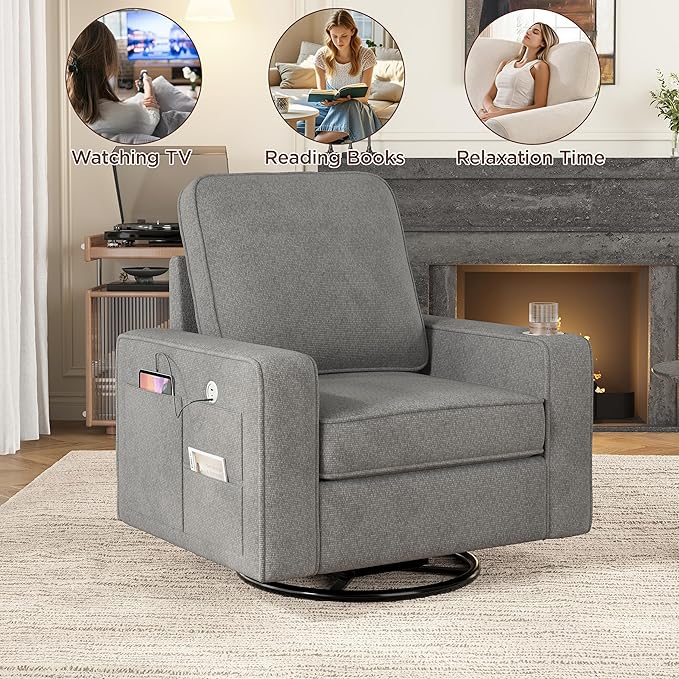 Swivel Square Accent Chair with Wide Armrests,360° Rotating Comfy Single Sofa Chairs with USB/Type-C,Cup Holder & Side Pocket,Modern Armchair for Living Room Bedroom Reading Lounge Nook,Light Grey | Swivel Accent Chair, with USB/Type-C, Cup Holder, Sid...