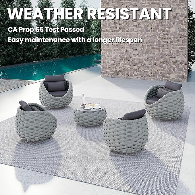 Erotr Front Porch Furniture 5 Piece Set: Aluminum Woven Rope Patio Conversation Sofa Set - Assembled Accent Chair Modern - Cushioned Armchair Couch Set for 400 lbs Deck Backyard Poolside Garden Hotel