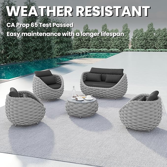 Erotr Aluminum Outdoor Seating Set: 5 Pieces Woven Rope Patio Furniture Conversation Set - Modern Deck Loveseat Set Cushioned - Assembled Metal Porch Lounge Set for Yard Garden Lanai Hotel Resort Pool