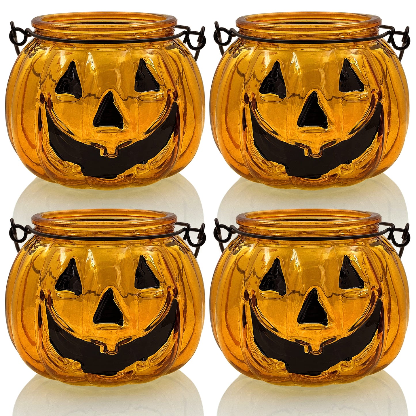 Halloween Candle Holders Set of 4, SHMILMH Tealight Votive Candle Holders with Grimace, Metal Hanging Pumpkin Lantern Decorative Halloween Table Centerpiece Orange