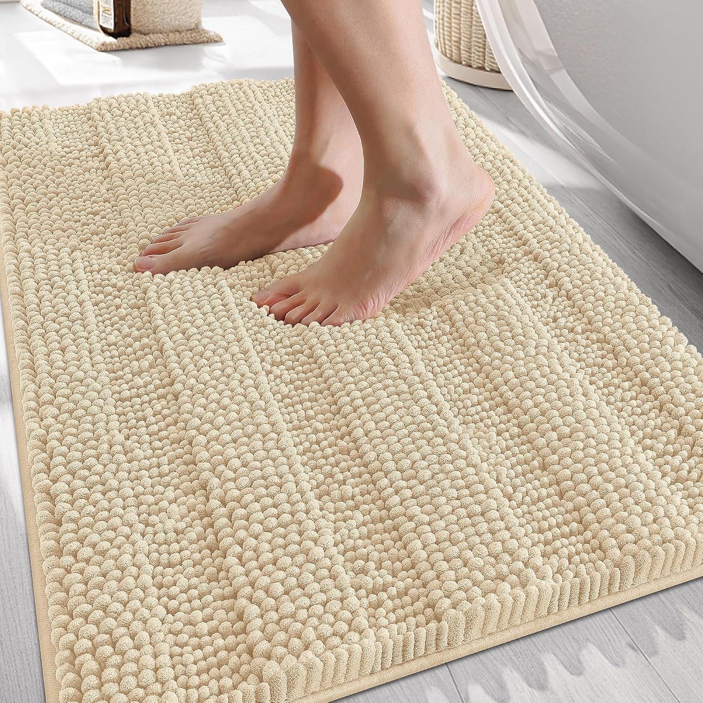 OLANLY Thick Bathroom Rugs 30x20, Extra Soft Absorbent Chenille Striped Bath Rugs, Rubber Backing, Machine Wash Dry, Bath Mats for Bathroom Floor, Tub and Shower, Home Decor Accessories, Beige