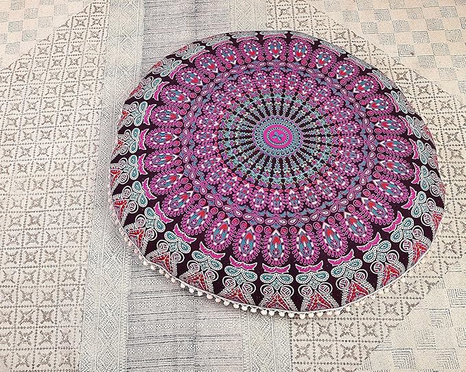 Shubhlaxmifashion Large 32" Round Pillow Cover, Decorative Mandala Pillow Sham, Indian Bohemian Ottoman Poufs, Pom Pom Pillow Cases, Outdoor Cushion Cover,