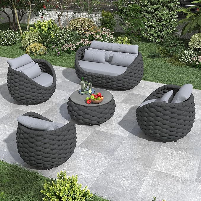 Erotr 4-Piece Alumunim Outdoor Seating Set: All-Weather Patio Accent Furniture Sofa Set, Hand Woven Rope, No Assembly, Modern Garden Lounge Conversation Set for Backyard Deck Porch Poolside Hotel