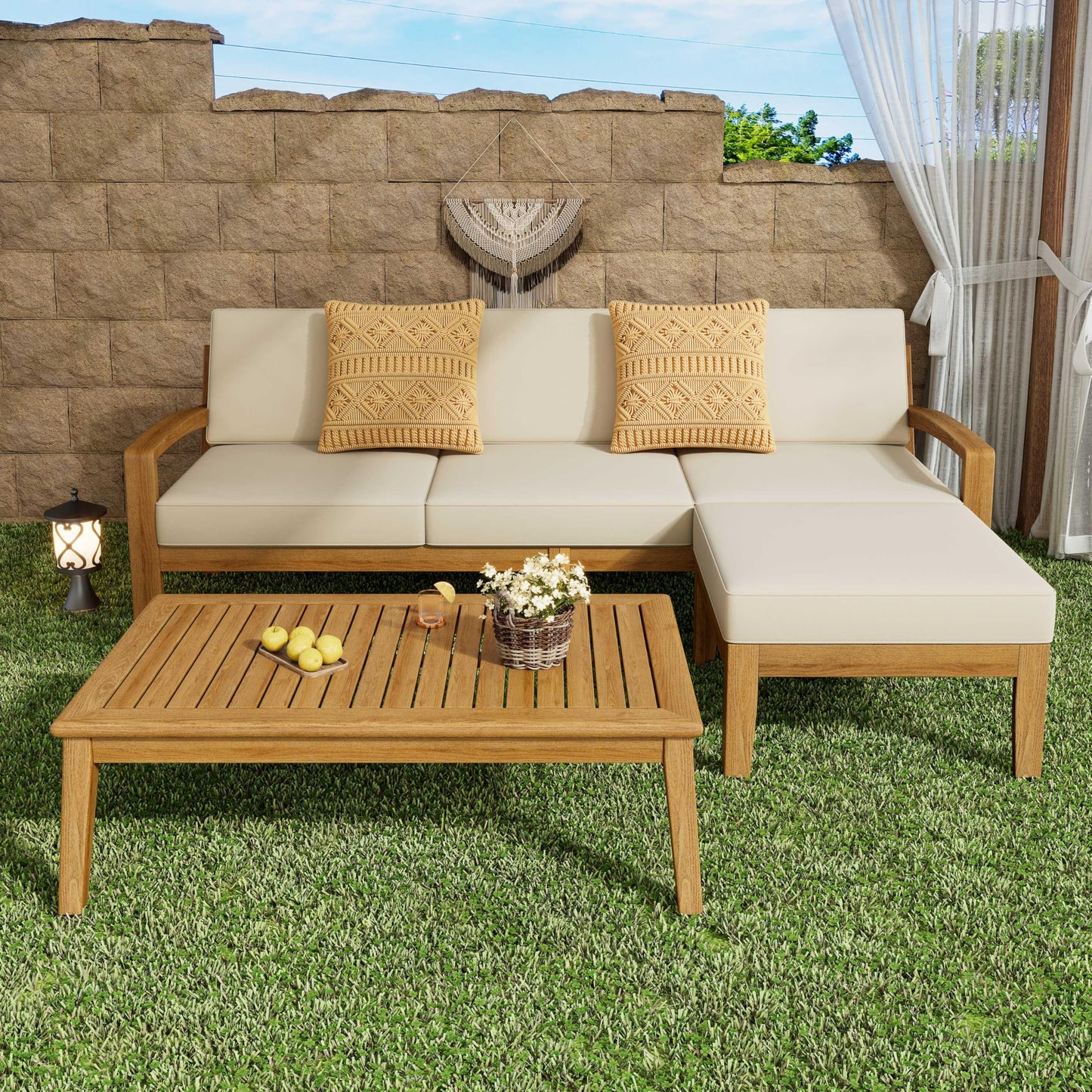 Merax 5-Piece Patio Furniture Set, Acacia Wood Outdoor Sectional Sofa with Ottoman & Coffee Table, Water-Resistant Cushions, Couch for Backyard, Deck, Garden, Teak + Beige