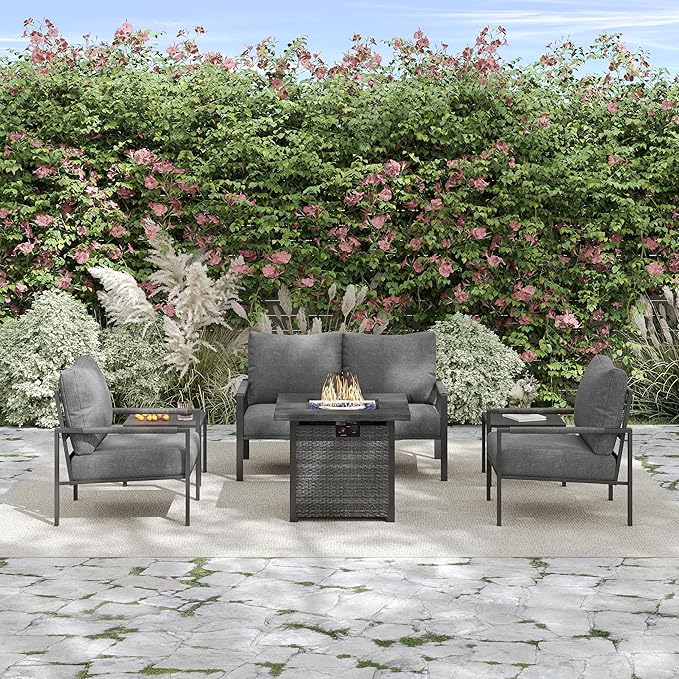 PATIOCHIC 6 Pieces Rattan Outdoor Furniture Set, All-Weather Patio Conversation Set with Dark Grey Cushions, Coffee Tables and 28" Fire Pit Table