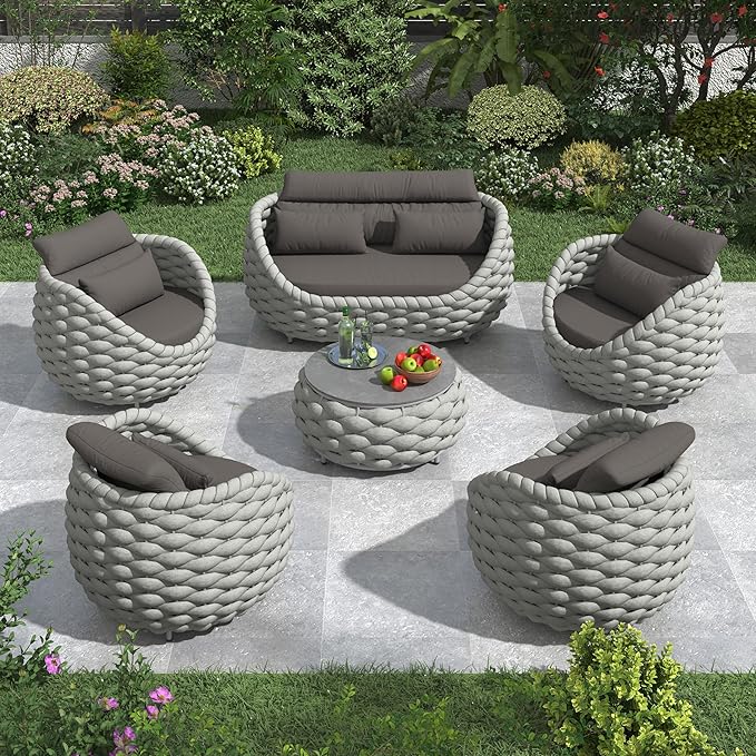 Erotr Cushioned Outdoor Patio Furniture Set: 6 Pieces Aluminum Porch Conversation Sofa Set - Modern Hand Woven Rope Deck Couch Set - No Assembly All Weather for 661lbs Yard Garden Poolside Hotel, Gray