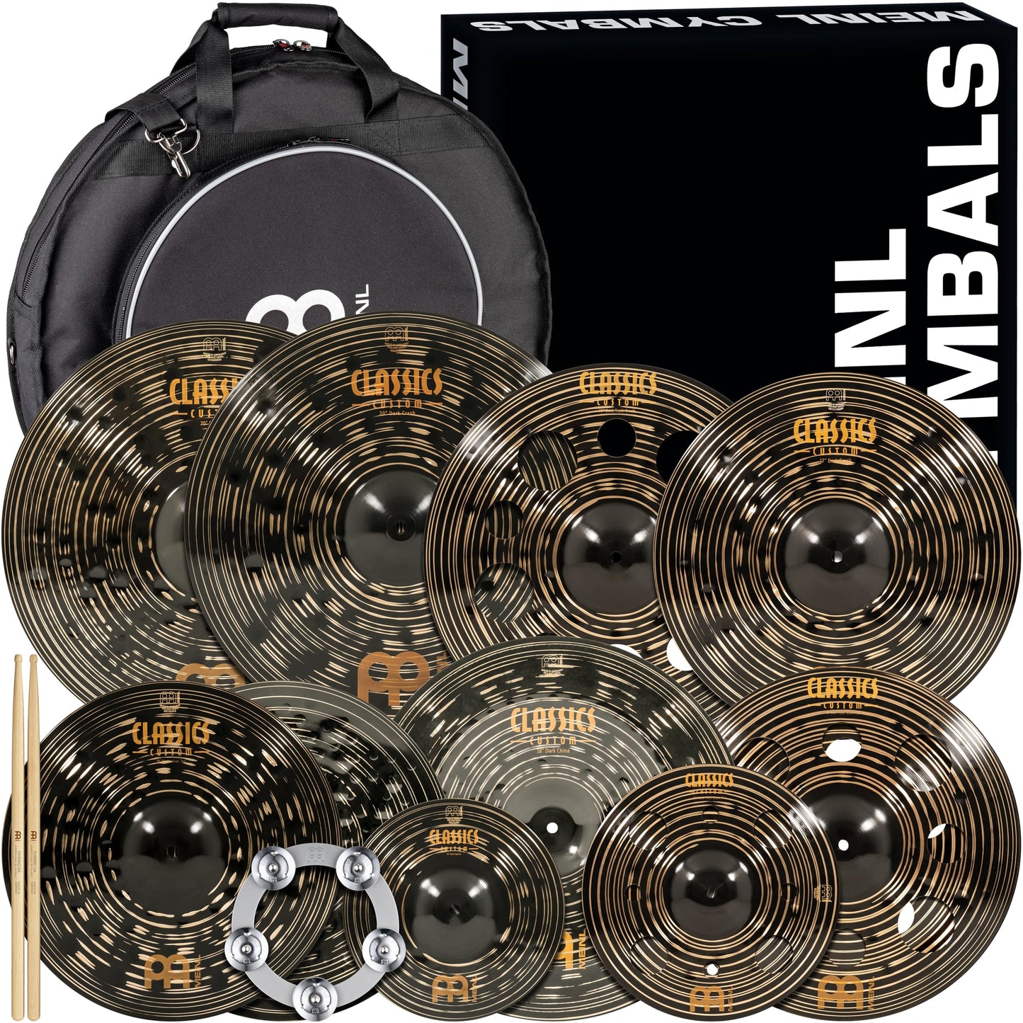Meinl Cymbals Classics Custom Dark Supreme Box Set For Drums With Bag, Ching Ring, Sticks, 9-Pc 10/12/15/16/17/18/18/20/20-Inch,
