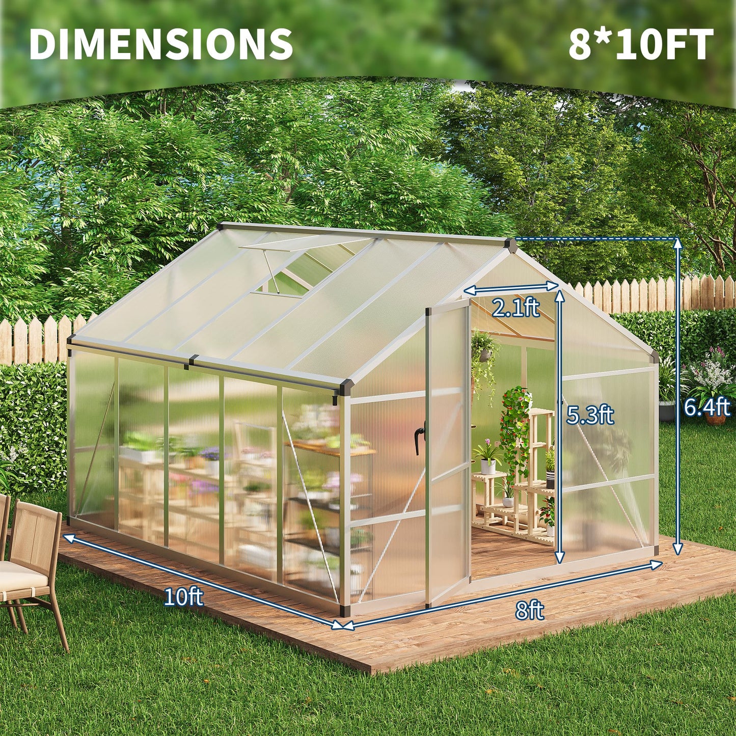 Greenhouse, 8x10 Ft Outdoor Greenhouses, Greenhouse Kit, Portablee Greenhouses with Ground Nails and Vent Windows, Sliding Lockable Door, Polycarbonate Green House for Outside Garden Backyard, White