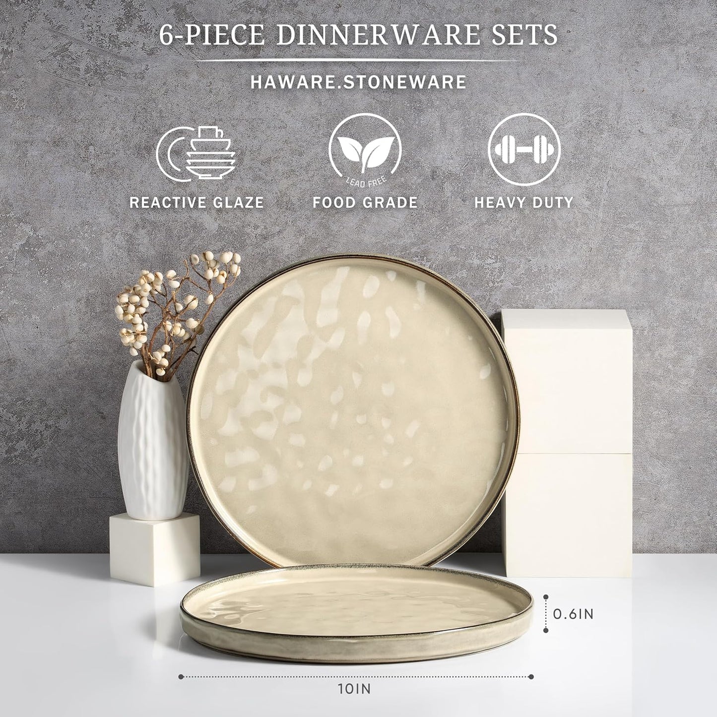 HaWare Stoneware Dinner Plates Set of 6, 10" Heavy Duty Ceramic Plate, Reactive Glaze Ripple Dinnerware for Home Restaurant, Chip and Scratch Resistant, Microwave and Dishwasher Safe, Saturn Khaki