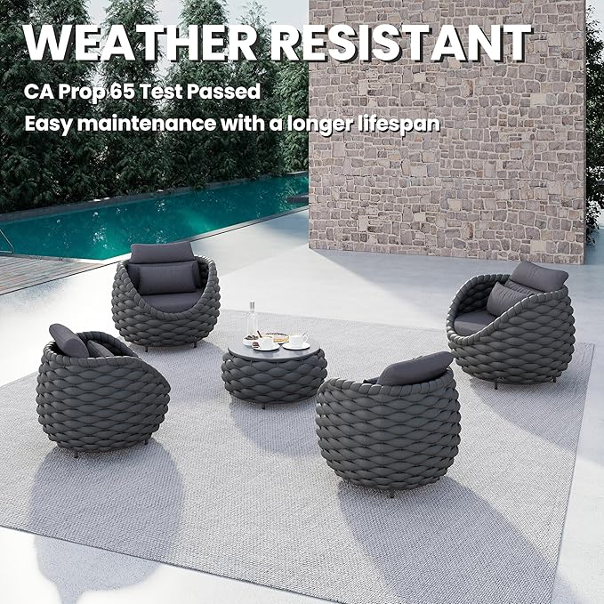 Erotr Front Porch Furniture 5 Piece Set: Aluminum Woven Rope Patio Conversation Sofa Set - Assembled Accent Chair Cushioned - Outdoor Armchair Couch Set for 400 lbs Deck Backyard Poolside Garden Hotel