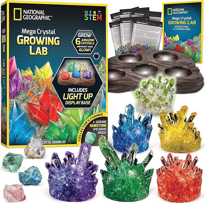 National Geographic Mega Crystal Growing Kit for Kids- Grow 6 Crystals with Light-Up Stand, Science Gifts for Kids 8-12, C...