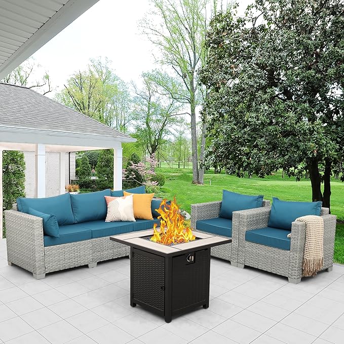 WAROOM Patio Furniture Set 4 Piece Wicker Conversation Sets PE Rattan Chair Outdoor Couch Sectional Sofa with 30" Fire Pit Table, Peacock Blue Cushion