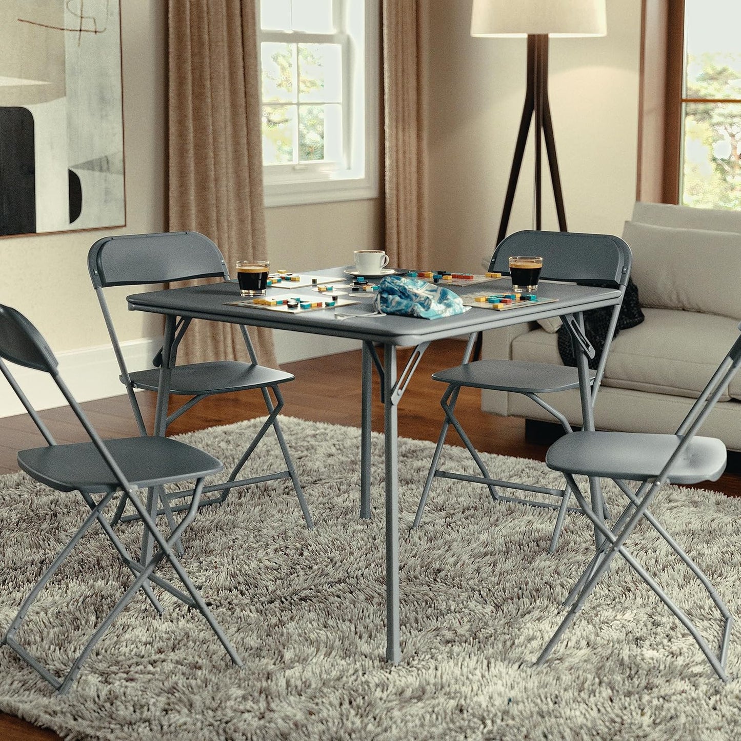 EMMA + OLIVER 33.5" Square Multipurpose Folding Card Table for 4 Players, Portable Square Folding Table with Padded Vinyl Top, Gray