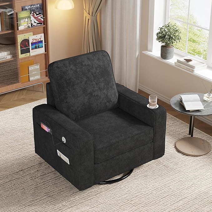Swivel Square Accent Chair with Wide Armrests,360° Rotating Comfy Single Sofa Chairs with USB/Type-C,Cup Holder & Side Pocket,Modern Armchair for Living Room Bedroom Reading Lounge Nook,Dark Grey | Swivel Accent Chair, with USB/Type-C, Cup Holder, Side...