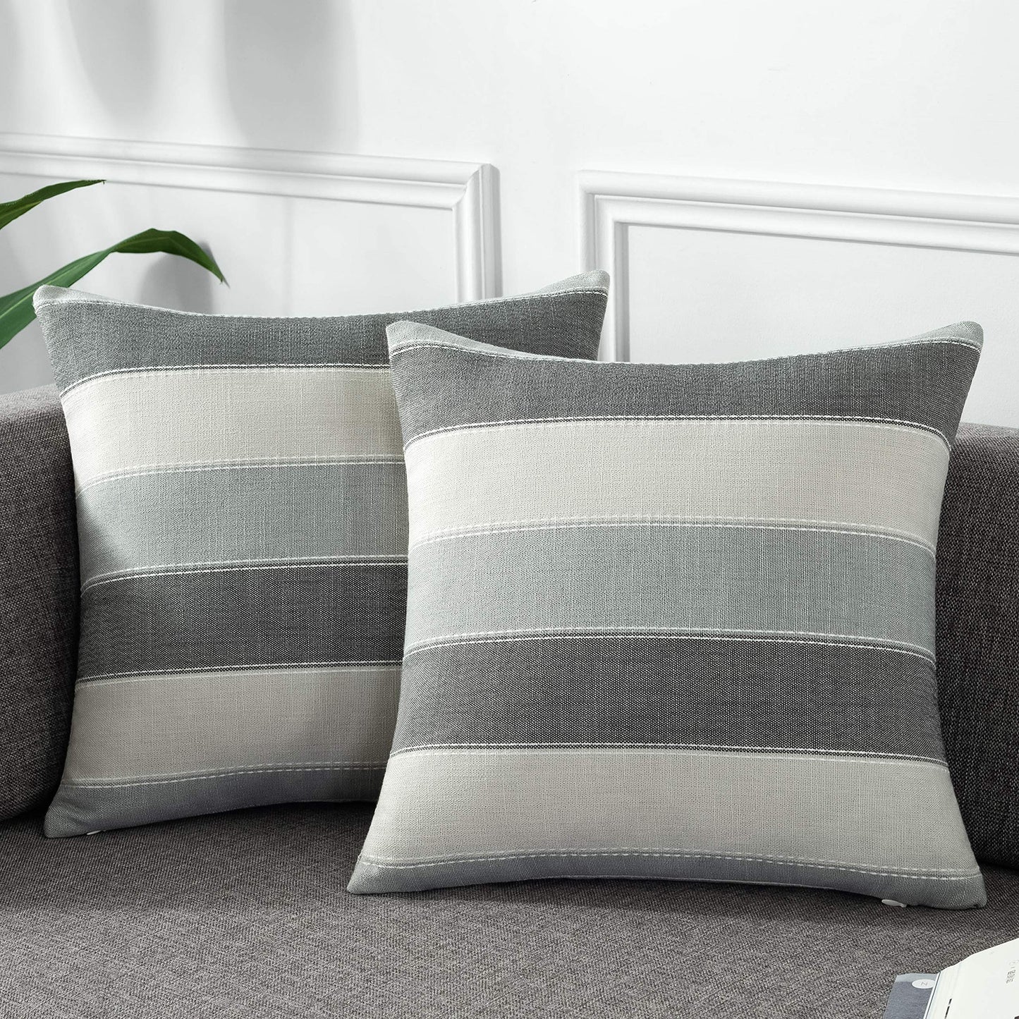 AmHoo Pack of 2 Farmhouse Stripe Check Throw Pillow Covers Set Case Cotton Linen Decorative Pillowcases Cushion Cover for Couch Bench Sofa 20x20Inch Dark Grey Beige