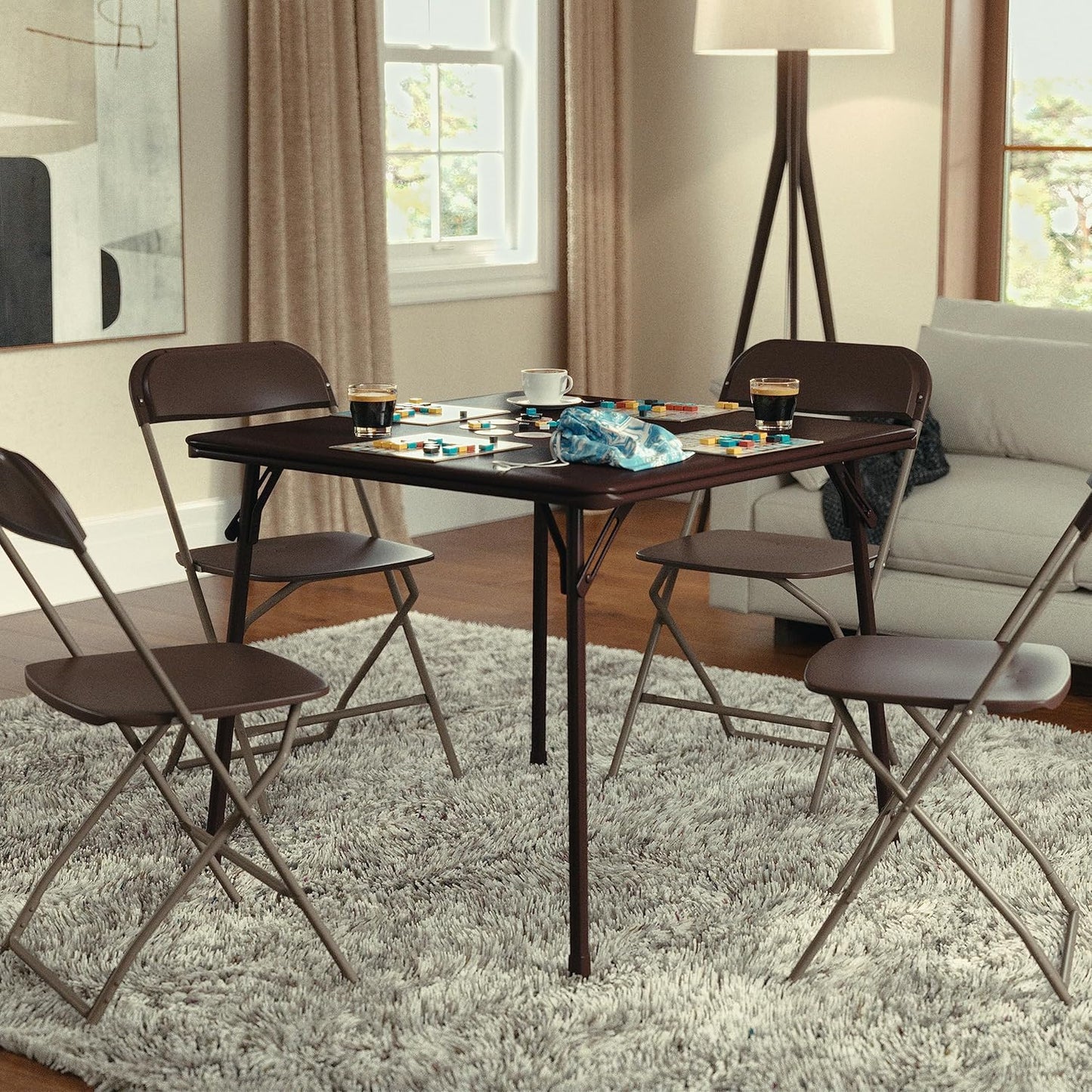 EMMA + OLIVER 33.5" Square Multipurpose Folding Card Table for 4 Players, Portable Square Folding Table with Padded Vinyl Top, Brown
