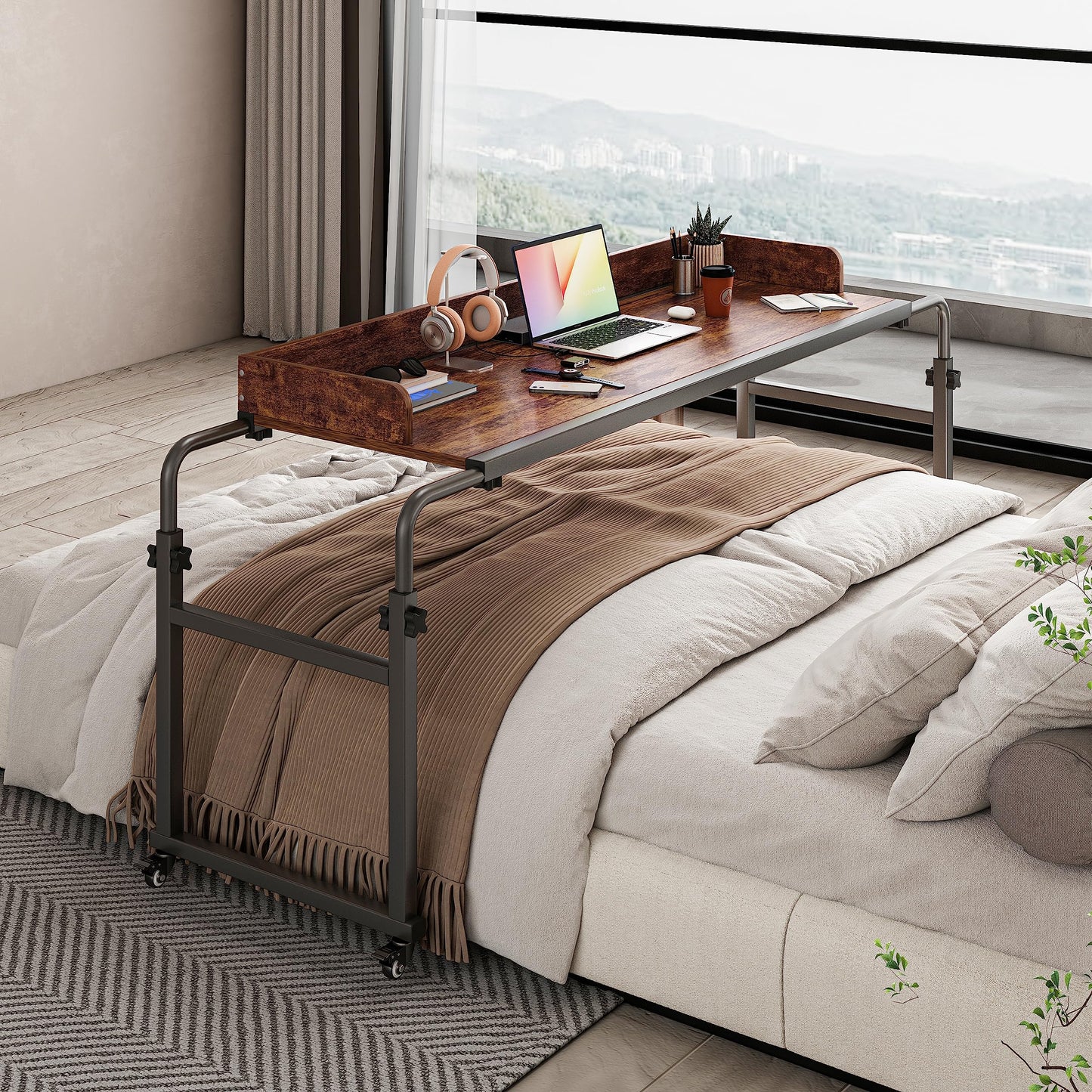 Furist Overbed Table with 360° Wheels, Queen Size Mobile Bed Desk, Recliner Table Over Bed Table Adjustable Height and Length Overbed Table with Heavy Duty Metal Leg for Hospital and Home use