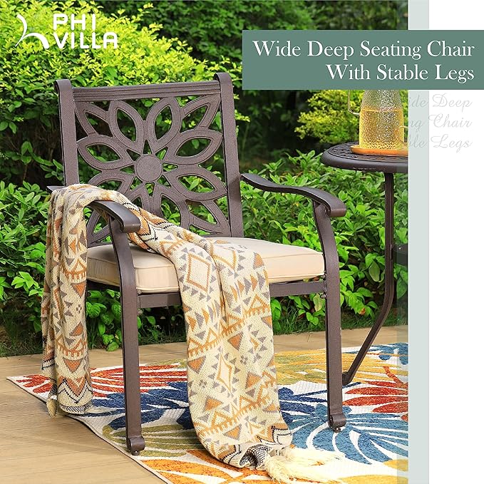 PHI VILLA Cast Aluminum Outdoor Patio Dining Chairs, Extra Wide Armrest Stable Chairs with Seat Cushion, Casting Aluminum Back for All Weather, Set of 4