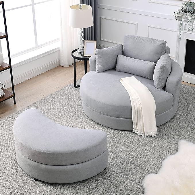 Yoglad Modern Swivel Accent Round Chair, Barrel Sofa with Storage Ottoman, Oversize Lounge Chair, Linen Fabric Round Chair with Pillows, for Living Room, Office (Light Grey, 51")