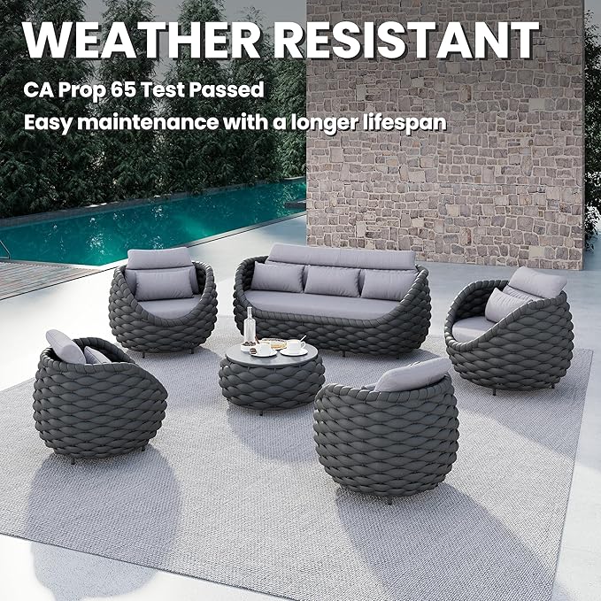 Erotr Metal Outdoor Conversation Sets: 6-Piece Aluminum Patio Furniture Set - Woven Rope Porch Sofa Set w/Coffee Table Cushions - Assembled Modern Lounge Couch for Deck Garden Yard Pool Hotel Resort