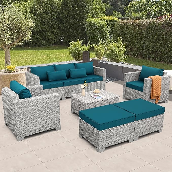 WAROOM Patio Furniture Set 6 Piece Outdoor Patio Set Grey Wicker Balcony Furniture Conversation Sets PE Rattan Couch Sofa with Coffee Table, Peacock Blue Cushion