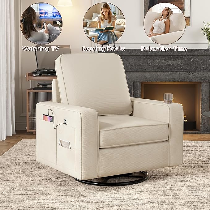 Swivel Square Accent Chair with Wide Armrests,360° Rotating Comfy Single Sofa Chairs with USB/Type-C,Cup Holder & Side Pocket,Modern Armchair for Living Room Bedroom Reading Lounge Nook,Beige White | Swivel Accent Chair, with USB/Type-C, Cup Holder, Si...
