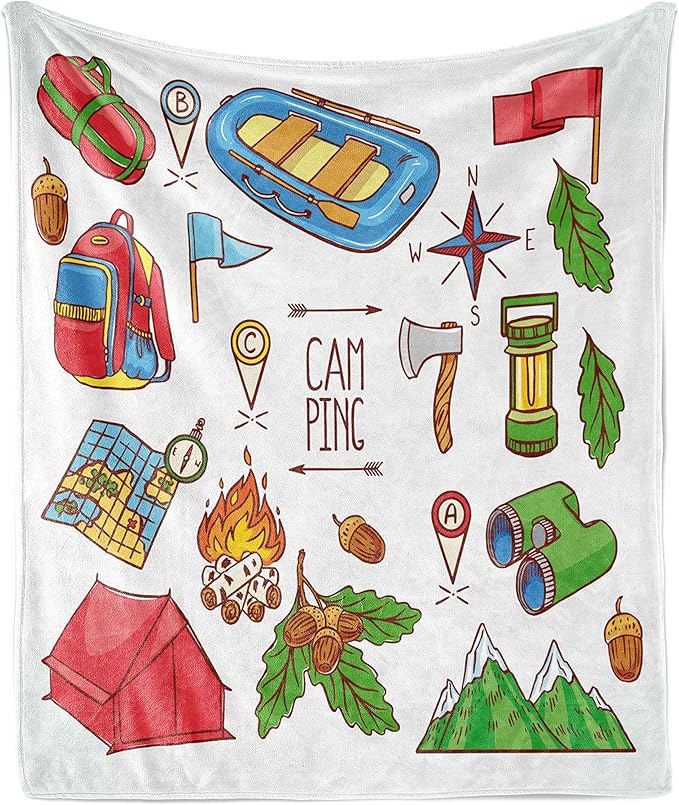 Lunarable Camper Throw Blanket, Camping Lifestyle Equipments a Boat Compass Map Ax Tent Tourism Illustration, Flannel Flee...