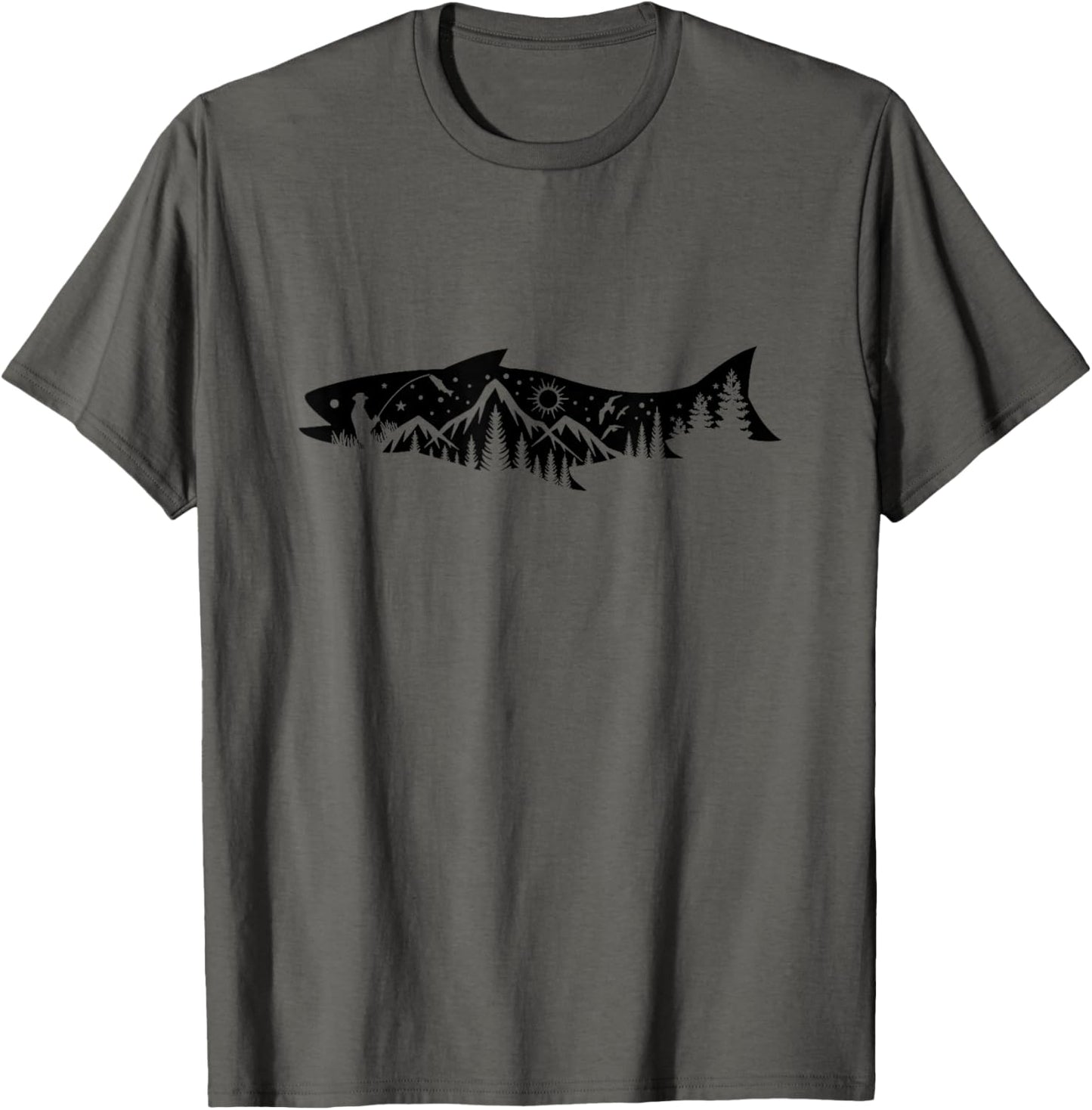 Fishing Forest Mountain Silhouette Outdoor Adventure Fishing T-Shirt
