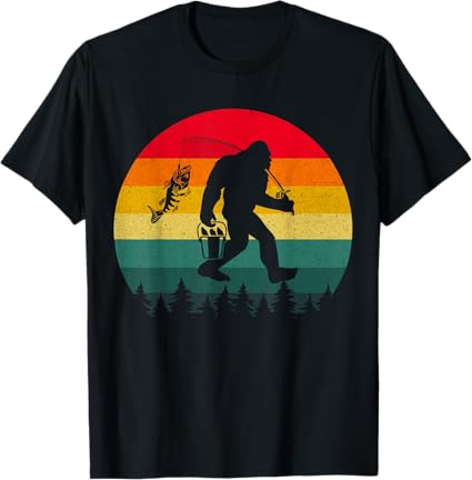 Bigfoot Fishing Adventure Retro Sasquatch Fisherman Vintage T-Shirt