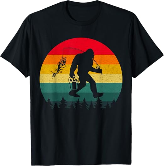 Bigfoot Fishing Adventure Retro Sasquatch Fisherman Vintage T-Shirt