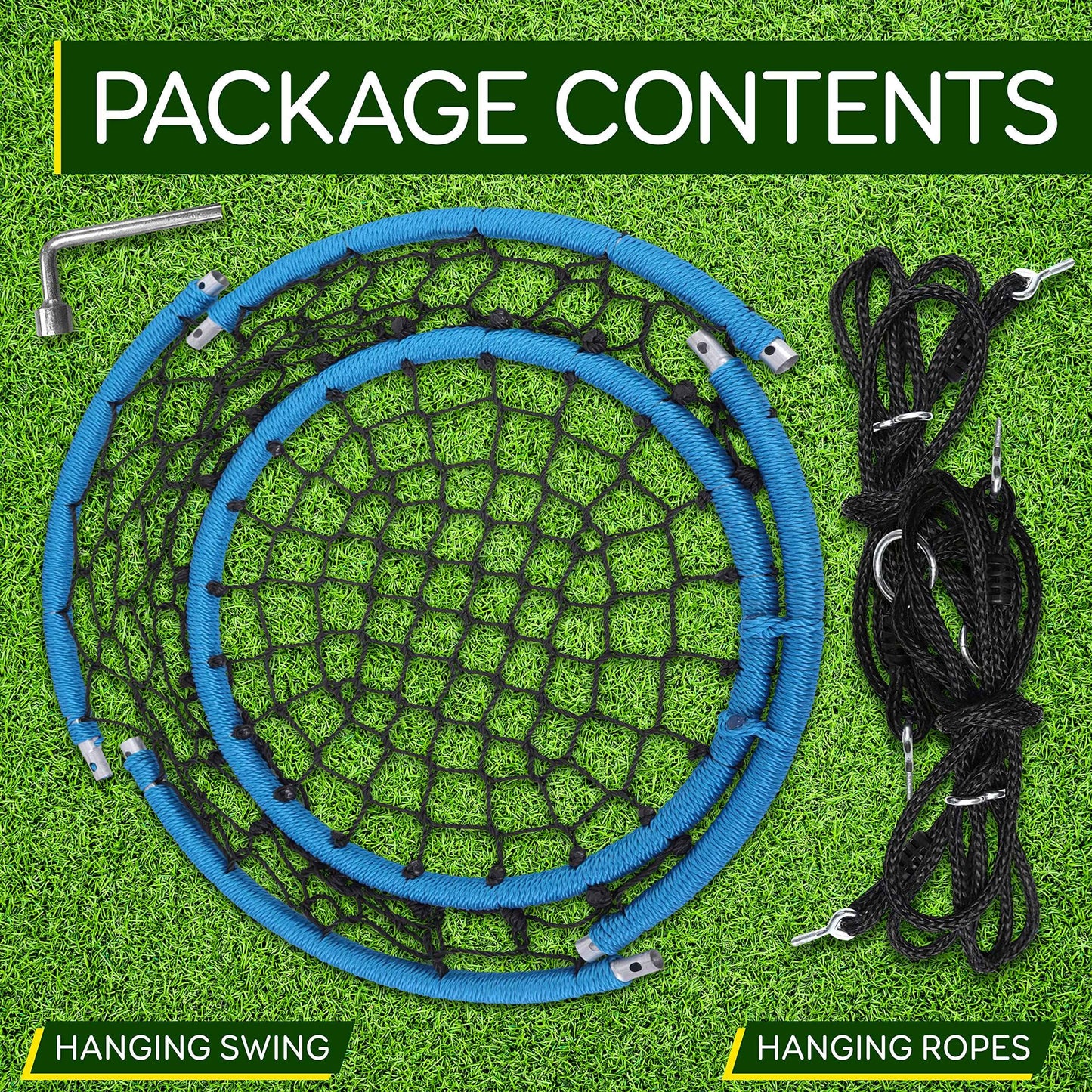 Serenelife Hanging Netted Seat Swing - 35.5" Diameter Kids Indoor Outdoor Round Circle Saucer for Trees or Sets - All-Season UV Resistant Rope Net Seat