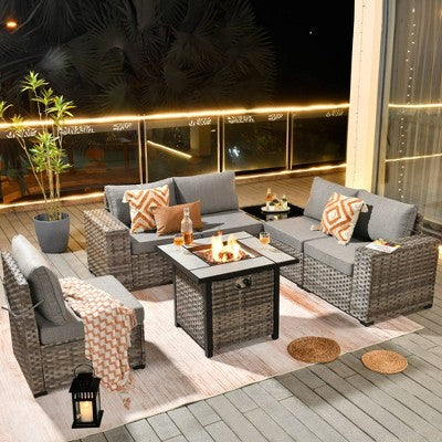 Marlton 7pc Wicker Outdoor Patio Furniture Set Conversation Sofa Set with a Fire Pit and Cushions