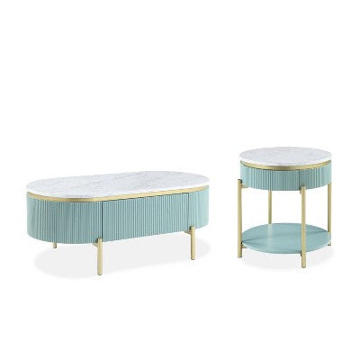 2pc Cartehena Faux Marble Coffee and End Table Set Light Teal Blue - HOMES: Inside + Out: Gold Twist, Concealed Drawer, Oval Shape
