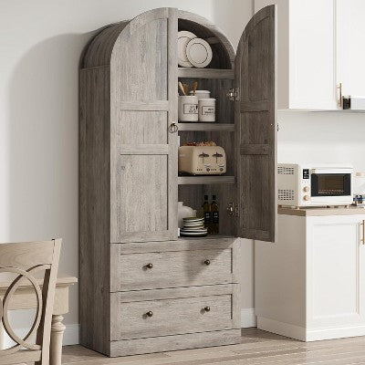 71" Armed Bookcase Cabinet - Wood Storage w/ Doors & Drawers, Farmhouse Display Case for Office & Living Room