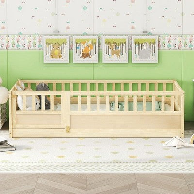 CAVINAS Twin Size Wood Montessori Bed,Modern Floor Bed with Super High Security Barrier and Door,Toddler Bed for Bedroom