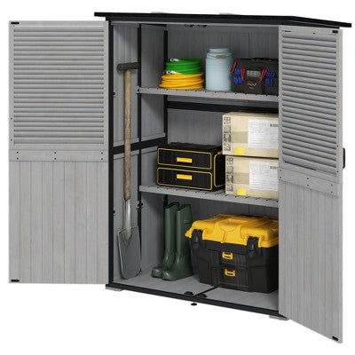 Wood Storage Shed, Outdoor Garden Shed with Asphalt Roof, 2 Shelves, Lockable Doors and Adjustable Feet