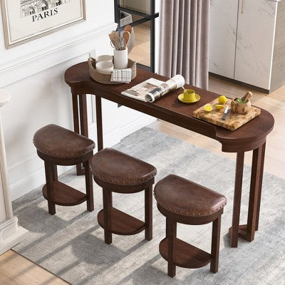 Hrinhom 4-Piece Bar Counter Dining Table Set,3 PU Chairs + Solid Wood Bar Counter