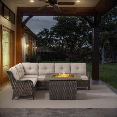 POCASSY Outdoor Sectional Sofa with Fire Pit Table - All Weather Brown Wicker Patio Furniture Set L Shaped Sectional Sofa with Fire Pit Table
